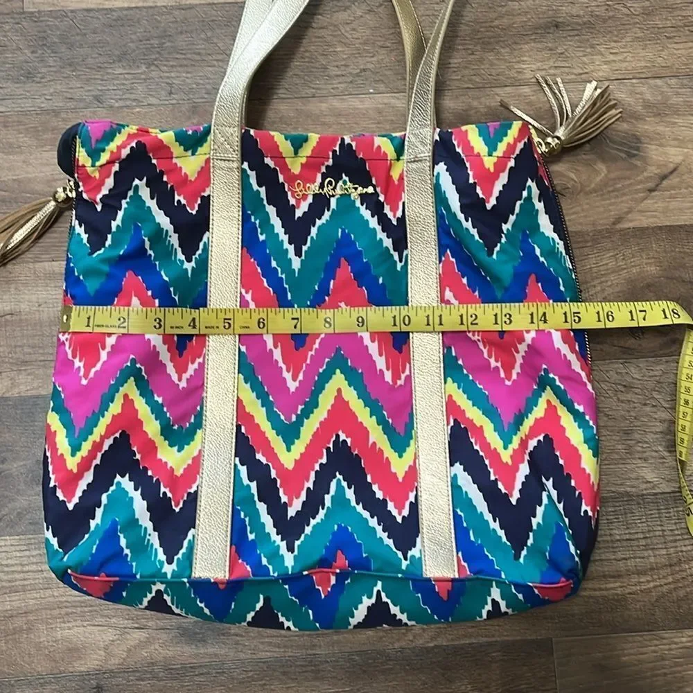 Lilly Pulitzer Hearts A Flutter Multi Chevron Shopper Tote Bag Expandable Tassel